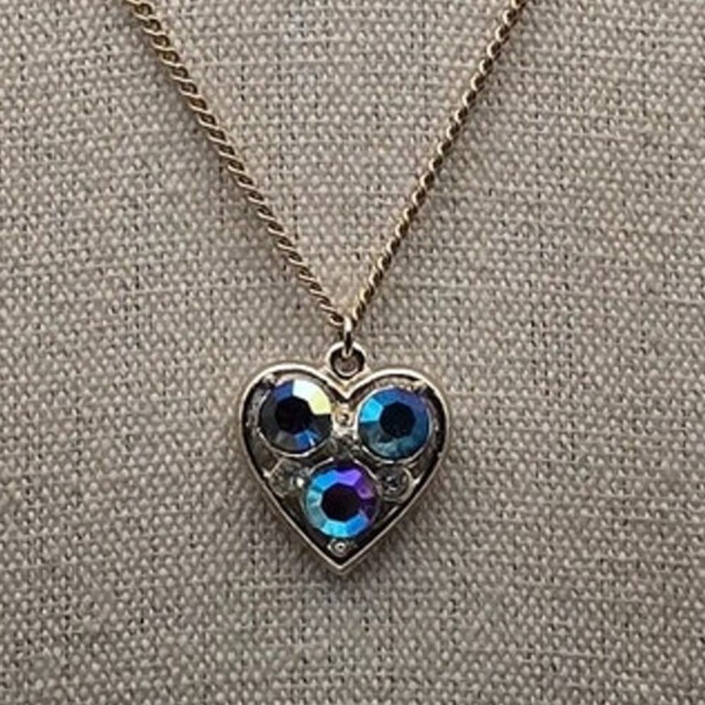 Blue Aurora Borealis Heart Pendant Necklace Gold Tone – Romantic Y2K Sparkle